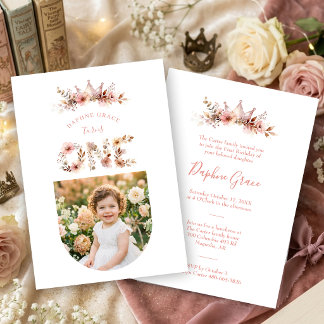 Boho Floral One Word Pink First Birthday  招待状