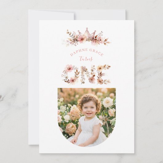 Boho Floral One Word Pink First Birthday 招待状 (正面)