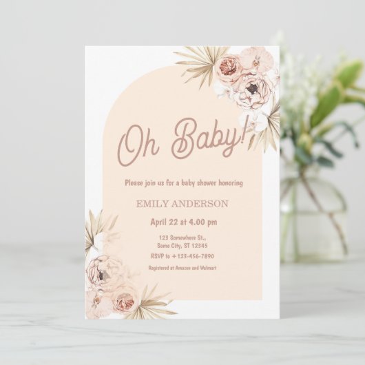 Boho Floral Pampas Grass Baby Shower 招待状 (スタンド正面)