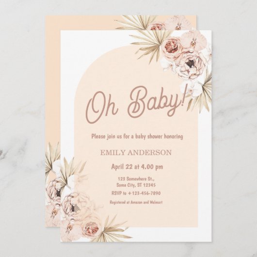 Boho Floral Pampas Grass Baby Shower 招待状 (正面/裏面)