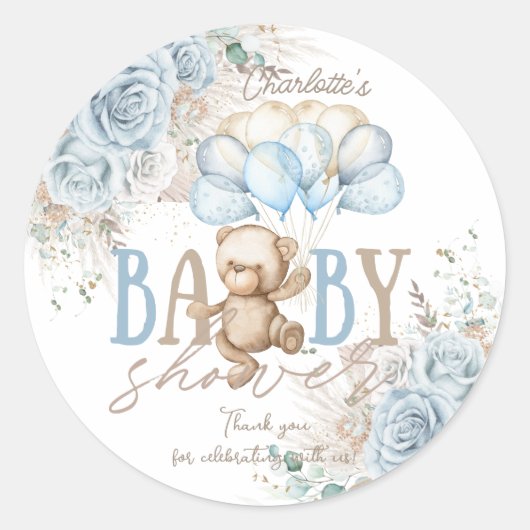 Boho Floral Pampas Teddy Bear Baby Shower ラウンドシール (正面)