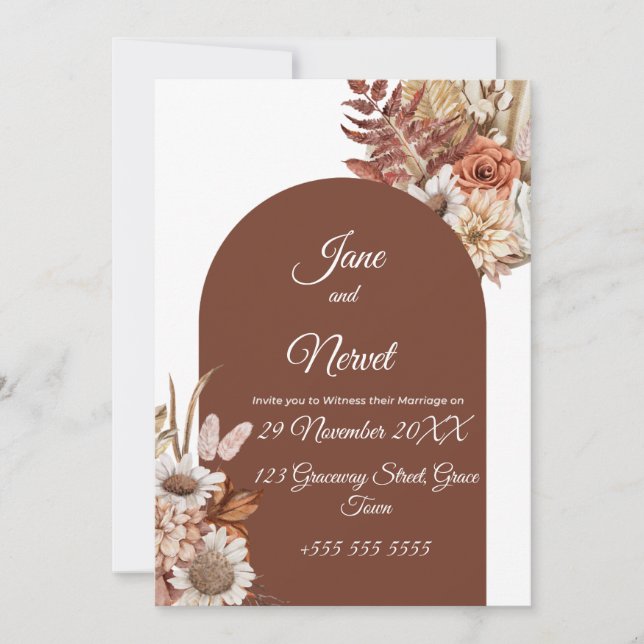Boho Floral Pampas Wedding Invitation (正面)