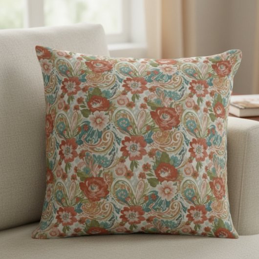 Boho Floral Pillow - Retro Paisley Design クッション