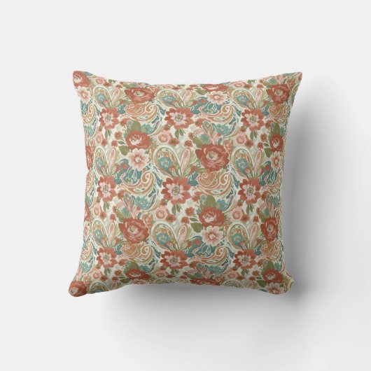Boho Floral Pillow - Retro Paisley Design クッション (裏面)