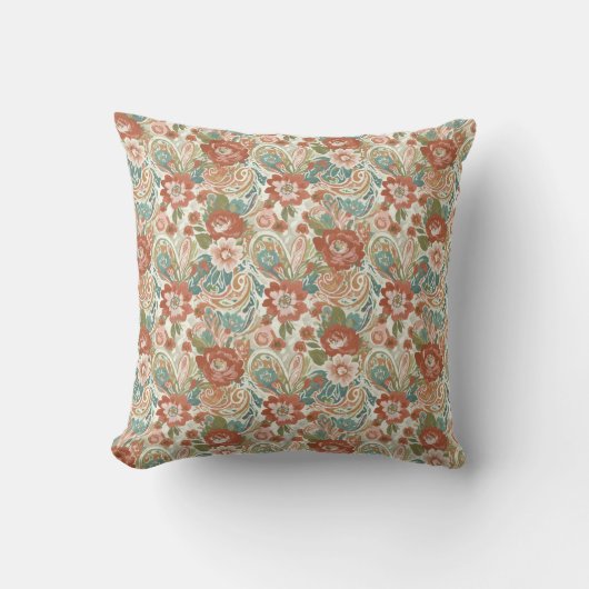Boho Floral Pillow - Retro Paisley Design クッション (正面)