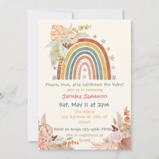 Boho Floral Rainbow Baby Shower 招待状 (正面)