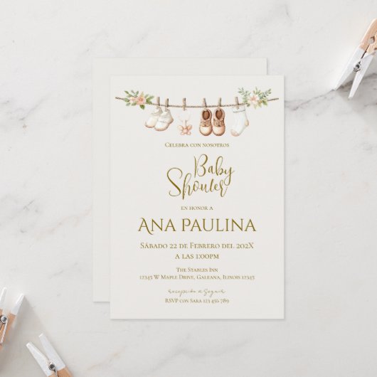 Boho floral Spanish Baby Shower Girl invitation 招待状 (正面/裏面インサイチュ)