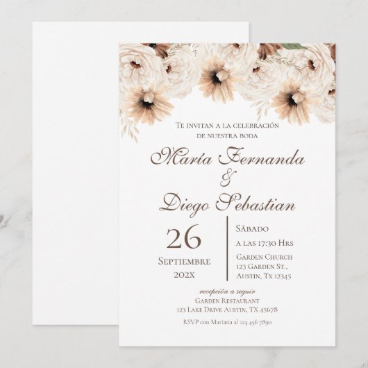 Boho Floral Spanish Wedding 招待状 (正面/裏面)