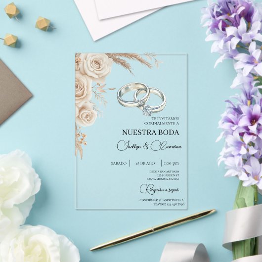 Boho Floral Spanish Wedding Invitation アクリル招待状 (インサイチュ (ウェディング))