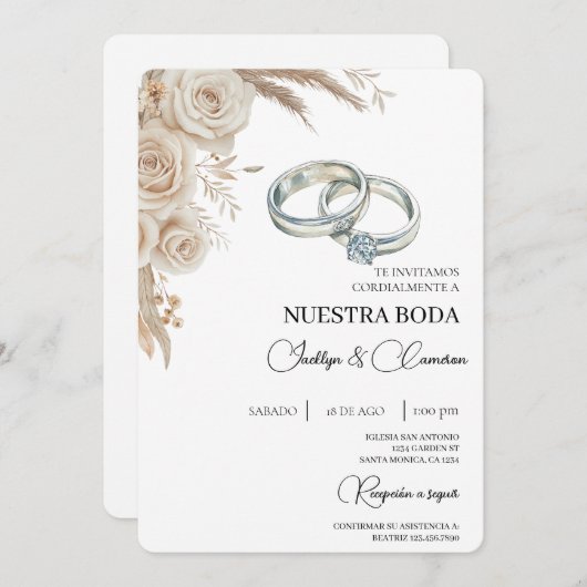 Boho Floral Spanish Wedding Invitation 招待状 (正面/裏面)