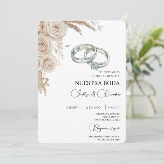 Boho Floral Spanish Wedding Invitation 招待状 (スタンド正面)