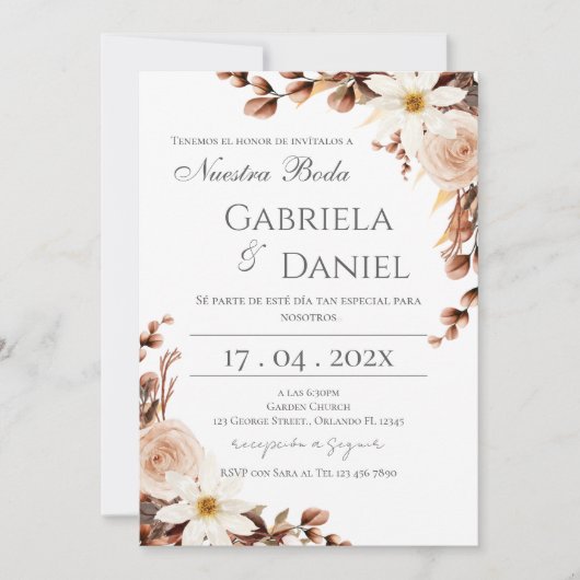 Boho Floral Spanish Wedding Invitation 招待状 (正面)