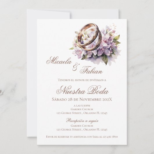 Boho Floral Spanish with ring Wedding 招待状 (正面)