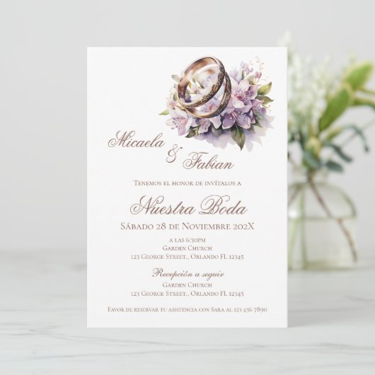 Boho Floral Spanish with ring Wedding 招待状 (スタンド正面)