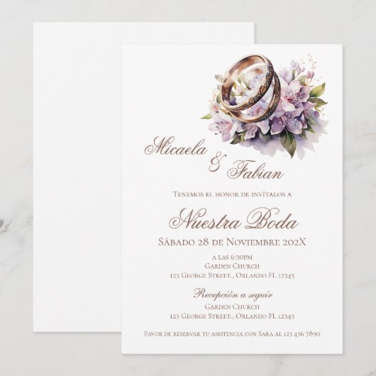 Boho Floral Spanish with ring Wedding 招待状 (正面/裏面)