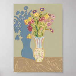 Boho Floral Still Life with Blue Shadow Modern Fol ポスター