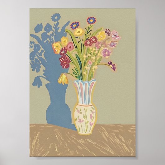 Boho Floral Still Life with Blue Shadow Modern Fol ポスター (正面)
