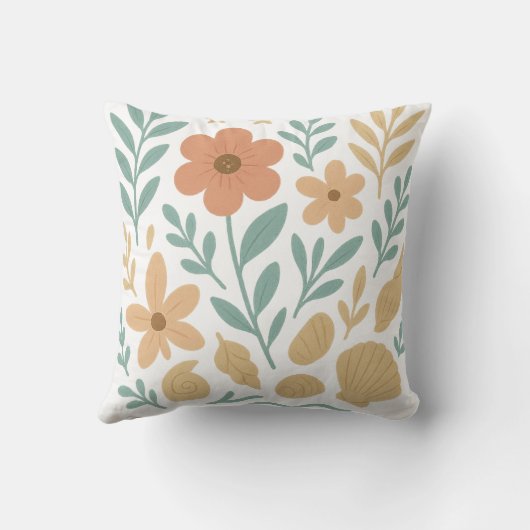 Boho Floral Summer Shells Pillow | Add Text/Name クッション (裏面)