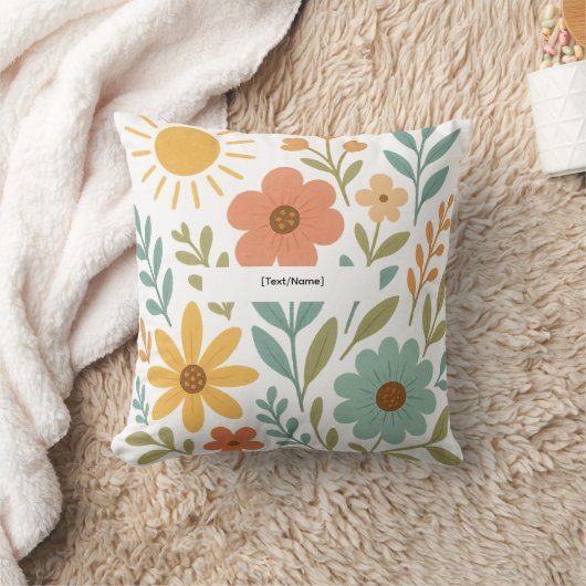 Boho Floral Sun Pillow | Add Text/Name クッション (ブランケット)