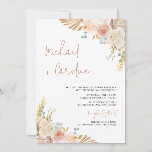Boho Floral Terracotta Pampas Photo Script Wedding 招待状 (正面)