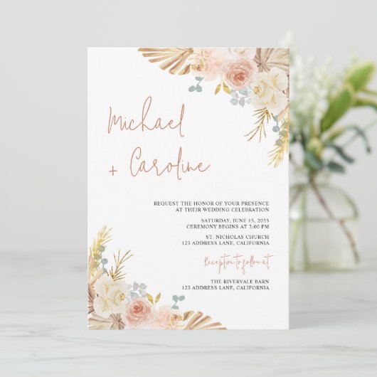 Boho Floral Terracotta Pampas Photo Script Wedding 招待状 (スタンド正面)