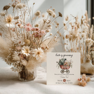 Boho Floral Vintage Baby Carriage Baby Shower Invi 招待状