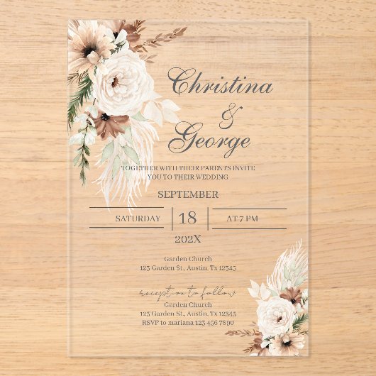 Boho Floral Wedding Acrylic Invitation アクリル招待状 (正面)