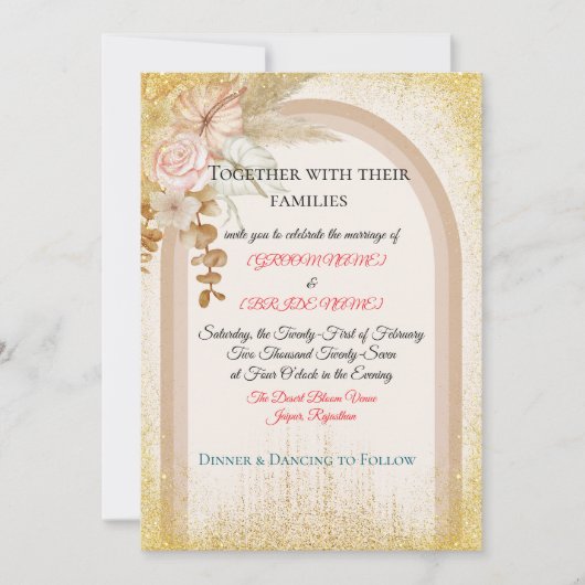 Boho Floral Wedding Invitation with Gold Sparks 招待状 (正面)