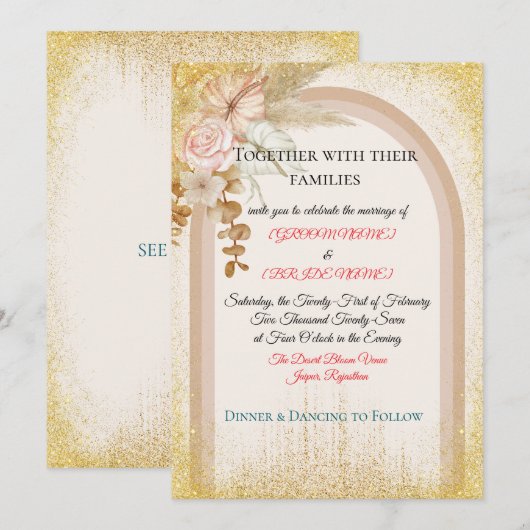 Boho Floral Wedding Invitation with Gold Sparks 招待状 (正面/裏面)