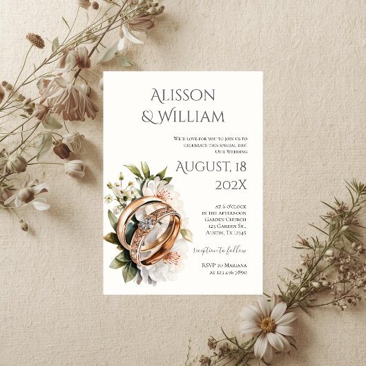 Boho floral wedding invitation with rings 招待状