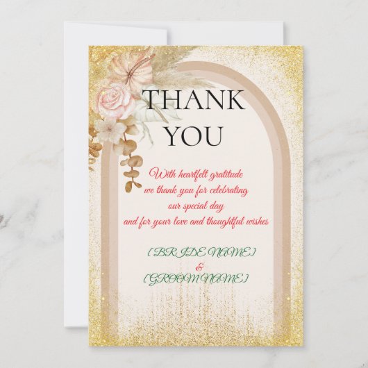 Boho Floral Wedding Thank You Card with Gold Spark サンキューカード (正面)