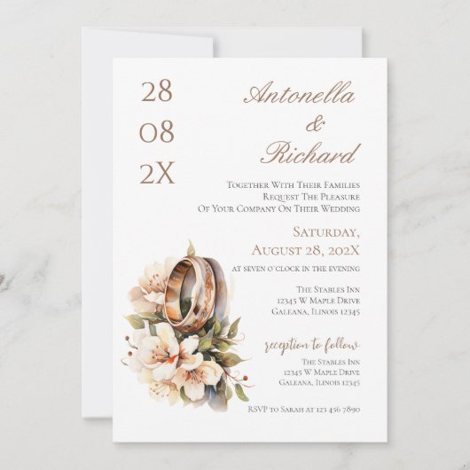 Boho floral wedding with rings 招待状 (正面)