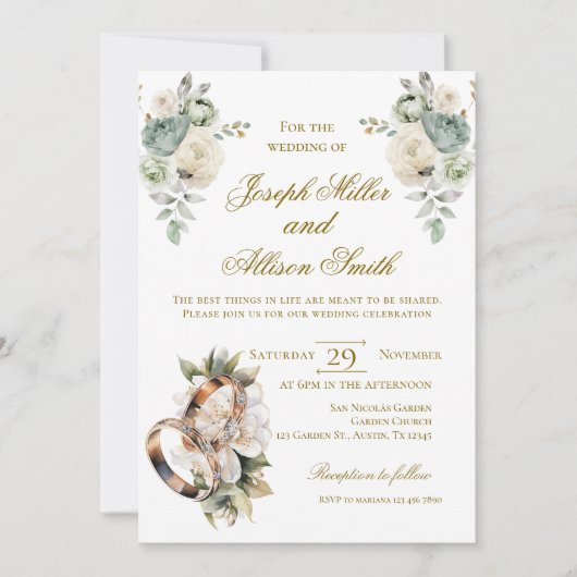 Boho floral wedding with rings 招待状 (正面)