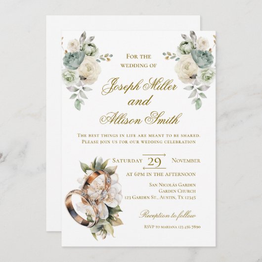 Boho floral wedding with rings 招待状 (正面/裏面)