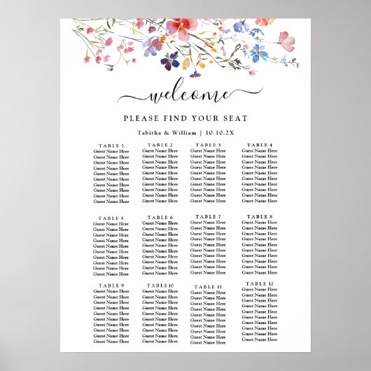 Boho Floral wildflower wedding Seating Chart ポスター (正面)