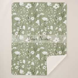 Boho Floral Wildflowers Sage Green Personalized  シェルパブランケット