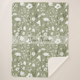 Boho Floral Wildflowers Sage Green Personalized  シェルパブランケット
