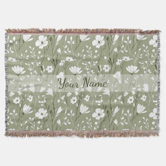 Boho Floral Wildflowers Sage Green Personalized スローブランケット (正面)