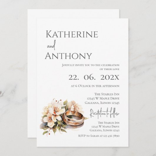 Boho Floral with ring Wedding  招待状 (正面/裏面)