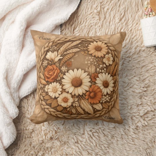 Boho Floral Woven Circle Customizable Throw Pillow クッション (ブランケット)