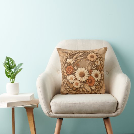 Boho Floral Woven Circle Customizable Throw Pillow クッション (椅子)