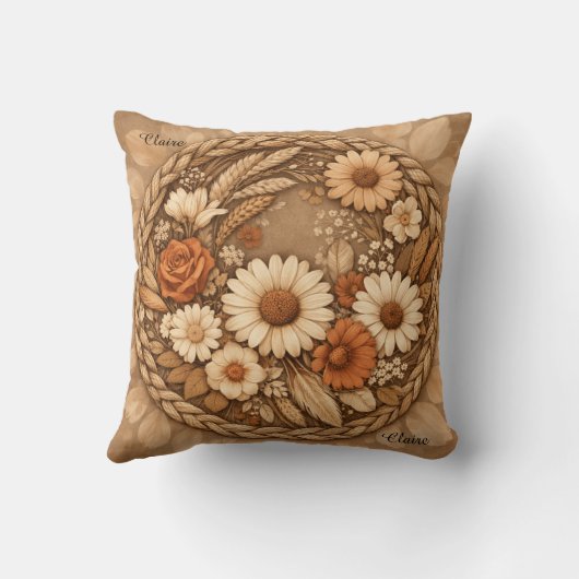 Boho Floral Woven Circle Customizable Throw Pillow クッション (裏面)