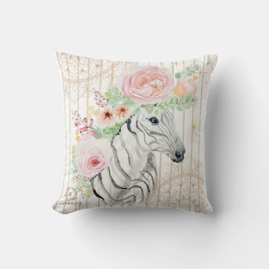 Boho Floral Zebra Pillow – Watercolor Animal Print クッション (正面)