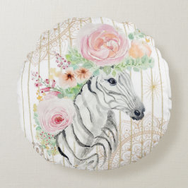 Boho Floral Zebra Pillow – Watercolor Animal Print ラウンドクッション