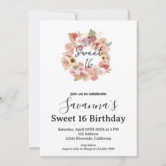 Boho Florals Personalized Sweet 16 Birthday 招待状 (正面)