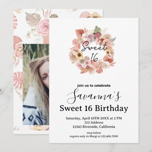 Boho Florals Personalized Sweet 16 Birthday 招待状 (正面/裏面)