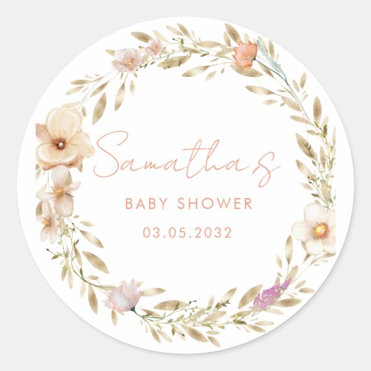 Boho Flower Baby Shower ラウンドシール (正面)