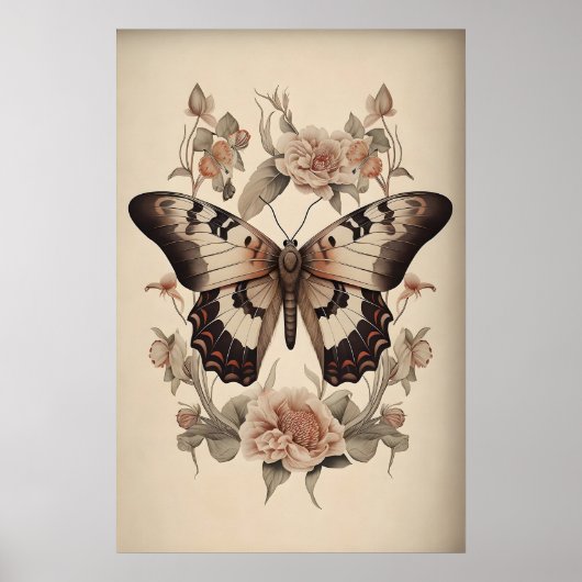 Boho Flower Butterfly Print, Moody Butterfly Wall ポスター (正面)