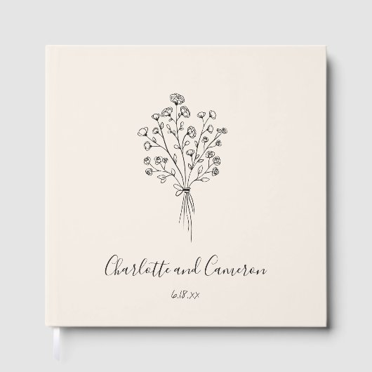 Boho Flower Line Art Drawing Custom Ivory Wedding  ゲストブック (正面)
