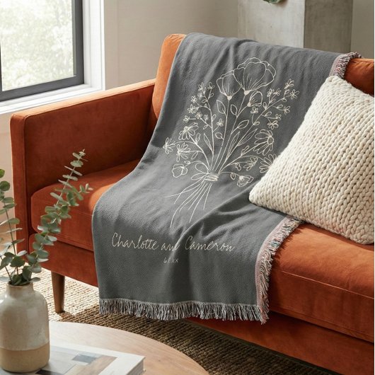Boho Flower Line Art Drawing Monogrammed Wedding  スローブランケット